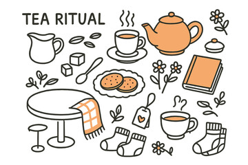 Cozy Tea Time. Tea ritual. Hand-drawn doodle illustration teapot (colored), teacup (colored), steaming tea (colored), saucer (colored), teaspoon (colored),