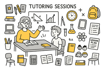 Colorful Tutoring Scene. Tutoring sessions. Hand-drawn doodle illustration teacher (colored), student (colored), desk (colored), books (colored), pencils