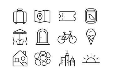 Travel Icon Set. Travel Snippets. Line icon set of Travel Snippets: suitcase, map, ticket, window seat wing, street cafe, doorway, bicycle, gelato cone,