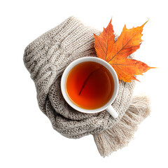 Autumn tea and cozy knit isolated on transparent background