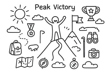 Obraz premium Peak Victory Celebration. Peak Victory. Hand-drawn doodle illustration Peak Victory person standing, arms raised, mountain peak, flag, trophy, medal, sunrise,