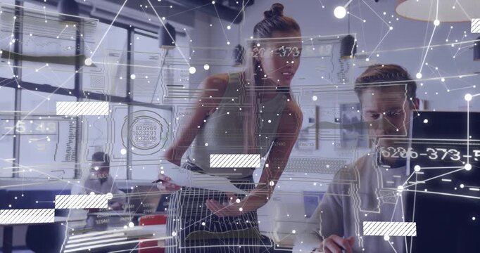 Business woman entering with papers highlighting section as data overlay guiding man marking sheet