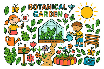 Fototapeta premium Botanical Garden Adventure. Botanical garden visit. Colorful Hand-drawn doodle Children illustration Botanical garden visit greenhouse, tropical plants, flower