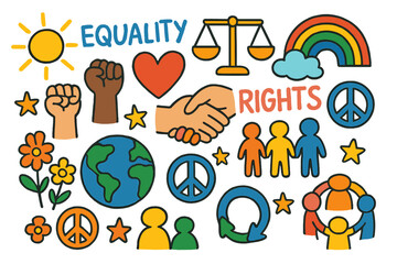 Equality and Unity. Equality and rights. Colorful Hand-drawn doodle Children illustration Equality and rights justice scales, heart, rainbow, handshake, raised