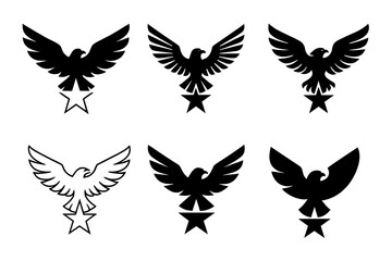 Obraz premium Altair Eagle Logos. Altair in Aquila. Set Logo of Altair in Aquila: soaring eagle over star. harmonious logo variations of the same emblematic concept, each