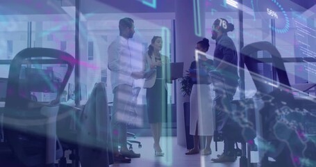 Business team tapping tablet and laptop in office, showing holographic charts for strategy review - Powered by Adobe