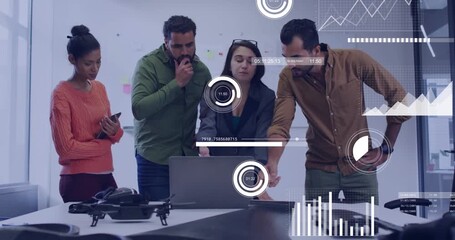 Team gathering in engineering lab, scrolling phone and showing animated charts for reviewing data - Powered by Adobe