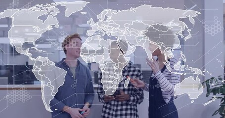 Checkered blouse team member tapping tablet and showing business network overlay for collaboration - Powered by Adobe