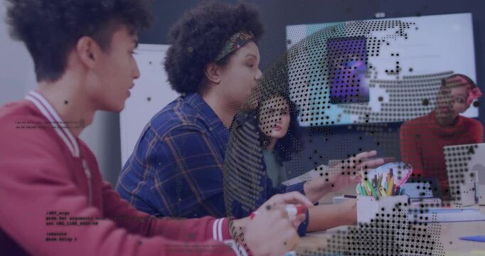 Woman in blue plaid shirt initiating design review with animating world map and code overlay