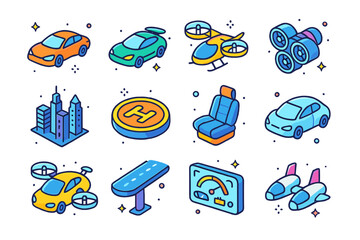 Obraz premium Colorful Sky Vehicle Icons. Sky vehicles. Colorful isometric vector icons set of sky vehicles: flying car, hover vehicle, air taxi, propulsion system, city