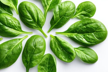 Fototapeta premium Vibrant fresh green vegetable leaves are spread across a bright white surface