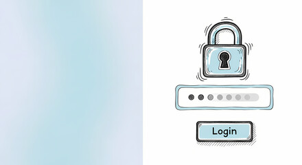 Login box concept with padlock sketch on white background, login box form showing circles and button. Secure login box for personal data protection, including password and entry point.