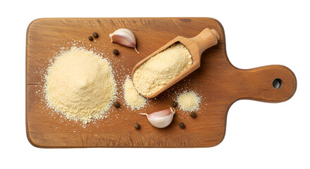 Grated Cheese with Garlic and Peppercorns on a Rustic Wooden Board