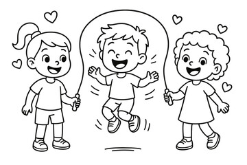 Jump Rope Happiness. Jump rope joy children?s coloring book illustration, outlined drawing, three happy kids playing jump rope together with motion lines and