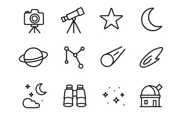 Astrophotography Icon Set. Astrophotography. Line icon set of astrophotography: camera on tripod, telescope, star, moon, planet, constellation, comet, meteor,