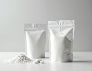 Two white pouches contain powdered supplement ingredients alongside pills. Arrangement suggests focus on nutrition and wellness products. Clean background highlights purity of materials.