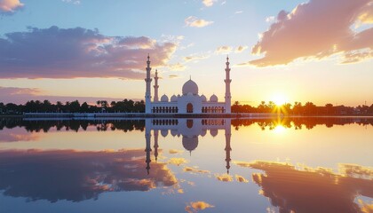 Tranquil view of mosque reflection on lake during sunset. Warm golden light, calm water surface, and beautiful sky create serene islamic background for spirituality and ramadan design.