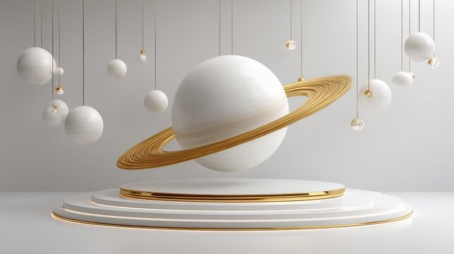 A 3D rendered planet with gold rings, floating on a white platform with hanging spheres
