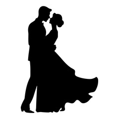 Silhouette of a couple embracing tenderly with the woman in a flowing gown and the man in a suit design