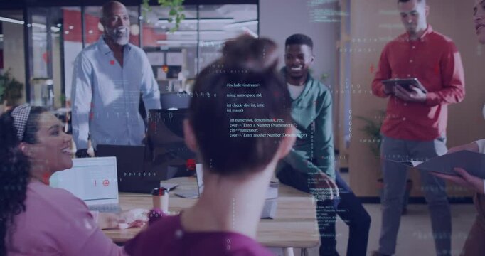 Presenter opening folder and addressing business team, colleague laughing then team applauding idea