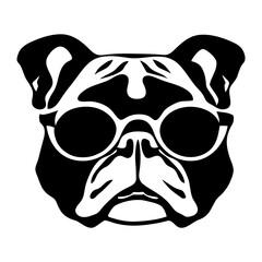 Black and white graphic illustration of a bulldog wearing sunglasses in a minimalist design style