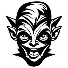 Illustration of a black and white goblin face with pointed ears and a sinister grin on a white background