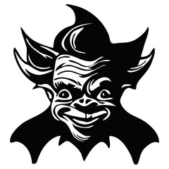Illustration of a black and white mischievous goblin with pointy ears and a sinister grin design element