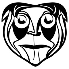 Stylized black and white face with large eyes and a heart shaped head in a graphic illustration style