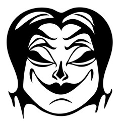 Illustration of a stylized face with closed eyes and a sinister smile in black and white design