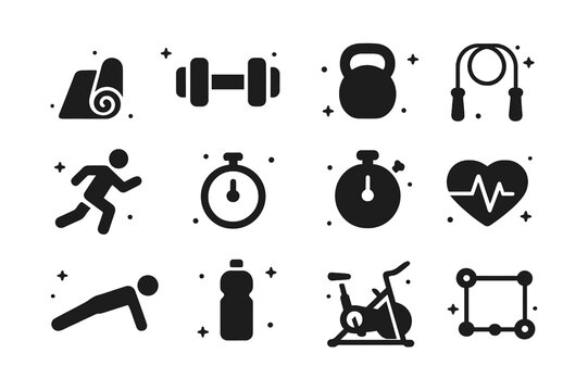 Home Tabata Icons. Home Tabata. Solid icons set of Home Tabata: yoga mat, dumbbell, kettlebell, jump rope, person running, timer, stopwatch, heart rate