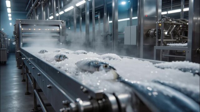  Fresh fish on a conveyor belt in a processing facility, covered with ice and surrounded by steam in cold storage environment.