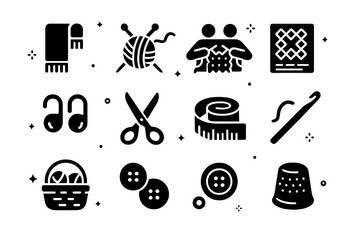 Knitting Tools Icons. Knitting Session. Solid icons set of Knitting Session: scarf, knitting needles, yarn ball, hands, pattern chart, stitch
