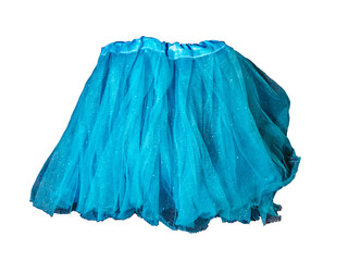 Blue carnival skirt with glitters and ruffles front view isolated on white