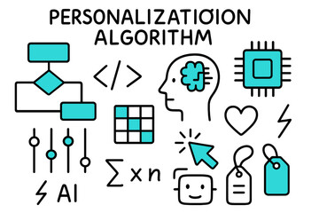 Personalization Algorithm Doodle. // Personalization algorithm. Hand-drawn doodle illustration Personalization algorithm [flowchart (accented), code brackets