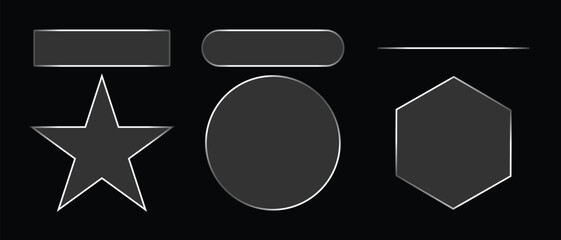 A versatile set of dark metallic geometric glass shapes including a star, circle, and hexagon, perfect for web buttons, icons, or modern graphic design elements on a black background