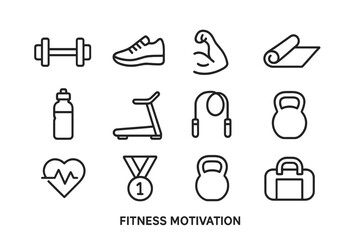 Fitness Icon Set. Fitness motivation. Line icon set of fitness motivation: dumbbell, running shoe, flexed bicep, yoga mat, water bottle, treadmill, jump rope,