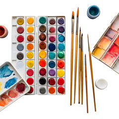 Watercolor painting supplies on black isolated on transparent background