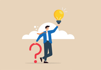 Flat illustration of smart businessman holds question mark sign alongside lightbulb representing creative problem-solving ideas