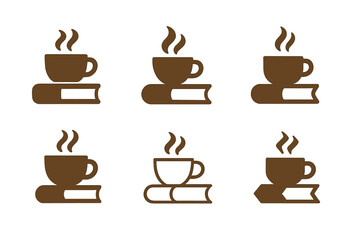 Obraz premium Book and Coffee Logos. Books and Reading. Set Logo of Books and Reading: a steaming coffee cup beside a hardcover book. harmonious logo variations of the same