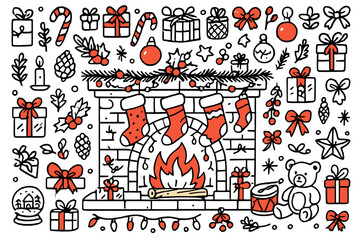 Festive Fireplace Doodle. Festive fireplace. Hand-drawn doodle illustration Christmas stockings (colored), fireplace (colored), mantel (colored), candy canes