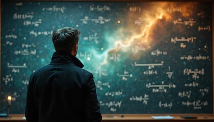 Man studies equations before cosmic backdrop representing universe. Scientist looks at space formulas for research or education. Astronomy learning and scientific exploration of cosmos.