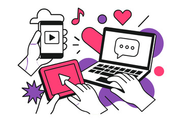 Digital Multitasking Scene. Media Consumption Habits. Close-up of hands interacting with multiple devices with floating abstract geometric media icons,