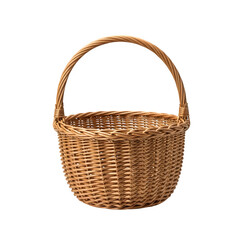 Woven basket with a handle sits, isolated on white or transparent background. PNG