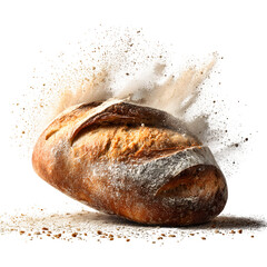 Sourdough loaf impact with flour explosion isolated on transparent background