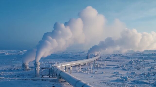 Frozen Industrial Pipeline in Extreme Winter Cold