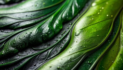 Fototapeta premium Fusion of Green Leaves with Dew Drops – Macro Texture