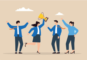 Flat illustration of businesswoman hold winning trophy with team celebrating symbolizing leadership and team success