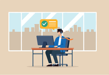 Flat illustration of office employee answering customer calls with headset and desktop computer at work desk in modern workplace