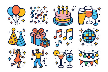 Festive Isometric Icons. Celebratory event. Colorful isometric vector icons set of celebratory event: balloons, confetti, cake, drinks, party hats, gift boxes,