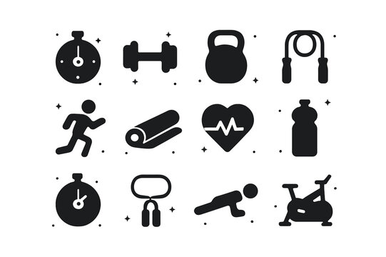 Tabata Workout Icons. Tabata Training. Solid icons set of Tabata Training: stopwatch, dumbbell, kettlebell, jump rope, person running, yoga mat, heart rate